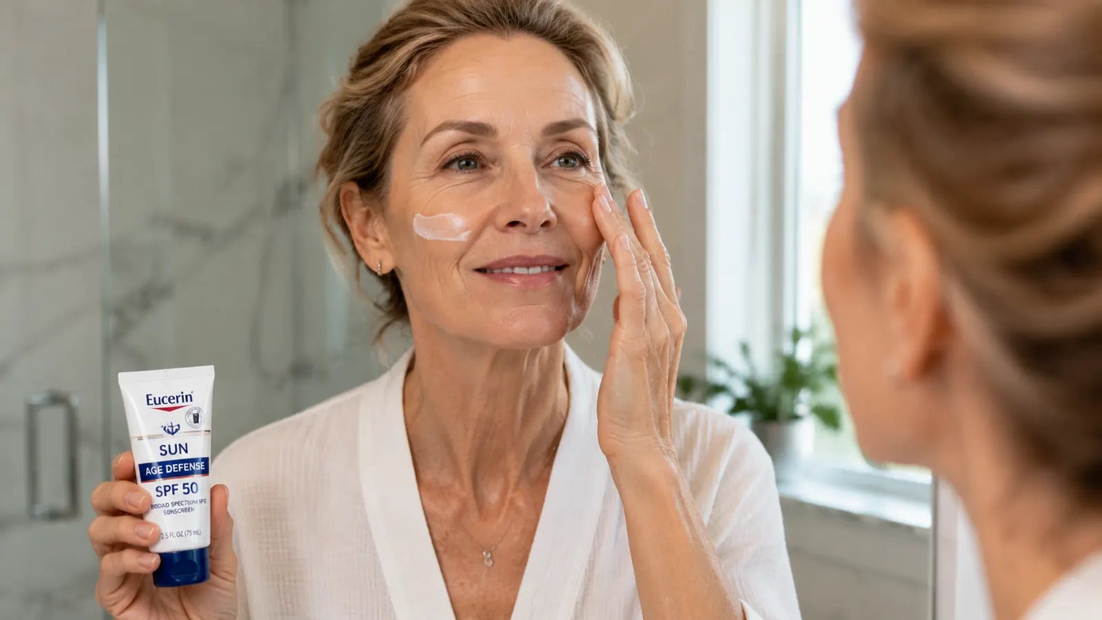 Close-up of Eucerin Sun Age Defense SPF 50 bottle being held in a woman's hand