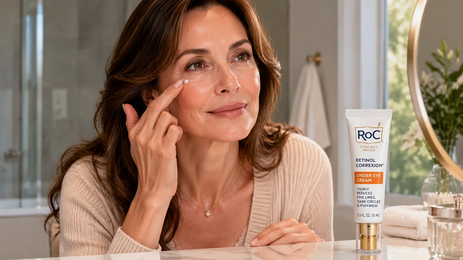Small open jar of RoC Retinol Correxion Under Eye Cream resting on a white marble bathroom counter next to a folded hand towel