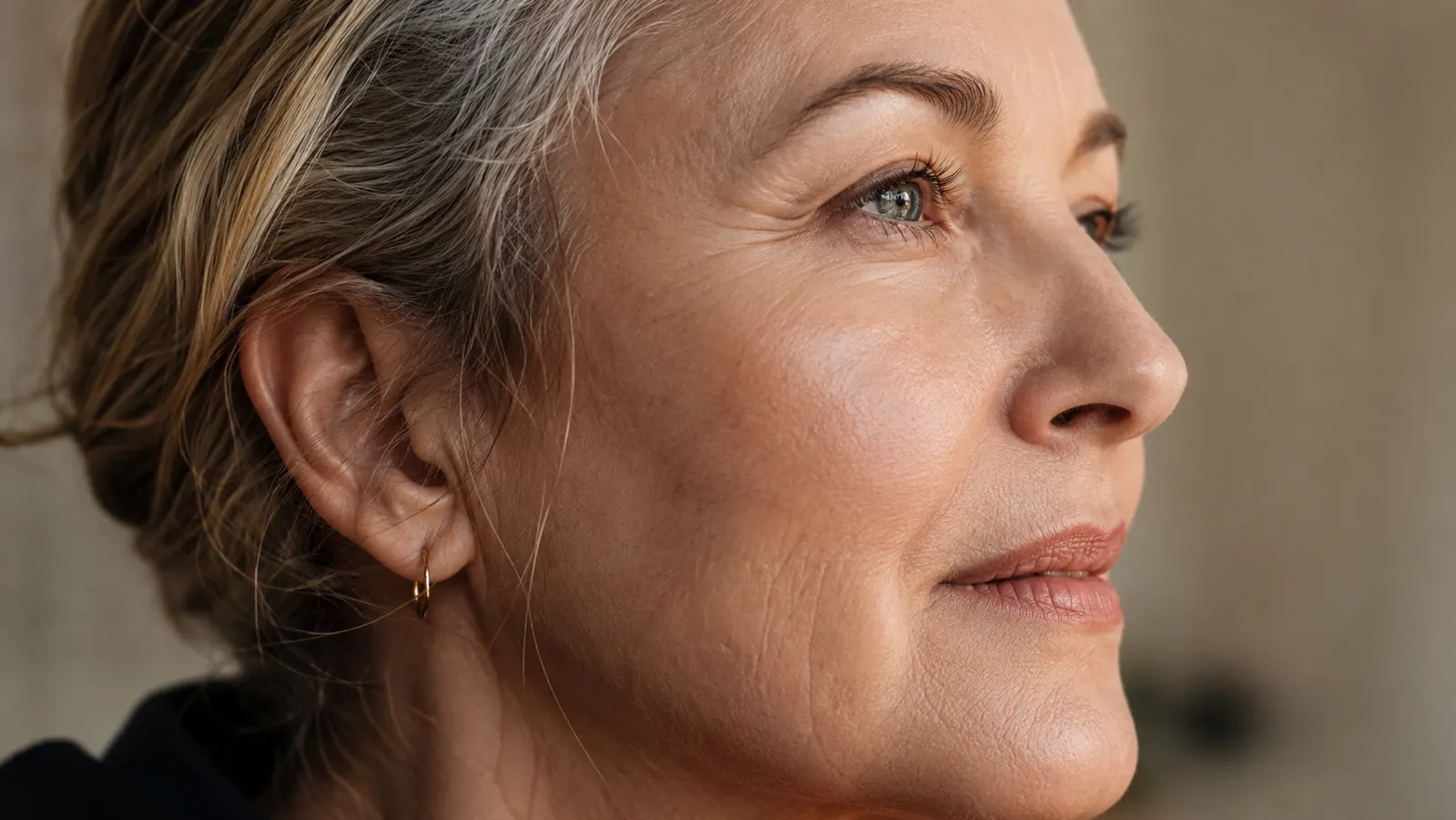Woman in her late 50s smiling in a garden, relaxed and confident with visibly smooth skin