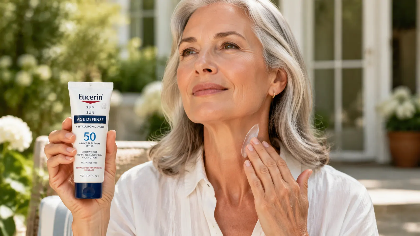 Eucerin Sun Age Defense SPF 50 bottle tipped at an angle showing product dispensing from pump nozzle onto a bathroom shelf