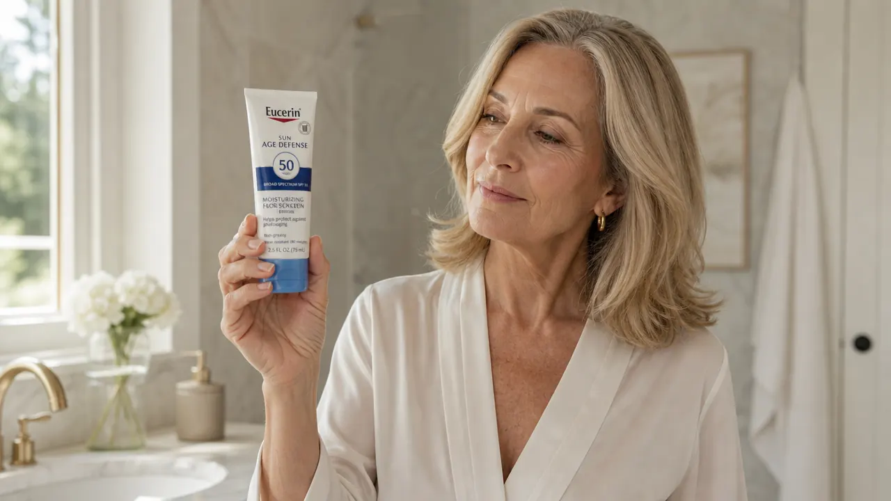 Eucerin Sun Age Defense SPF 50 bottle held in a woman's hand, side view showing lotion texture