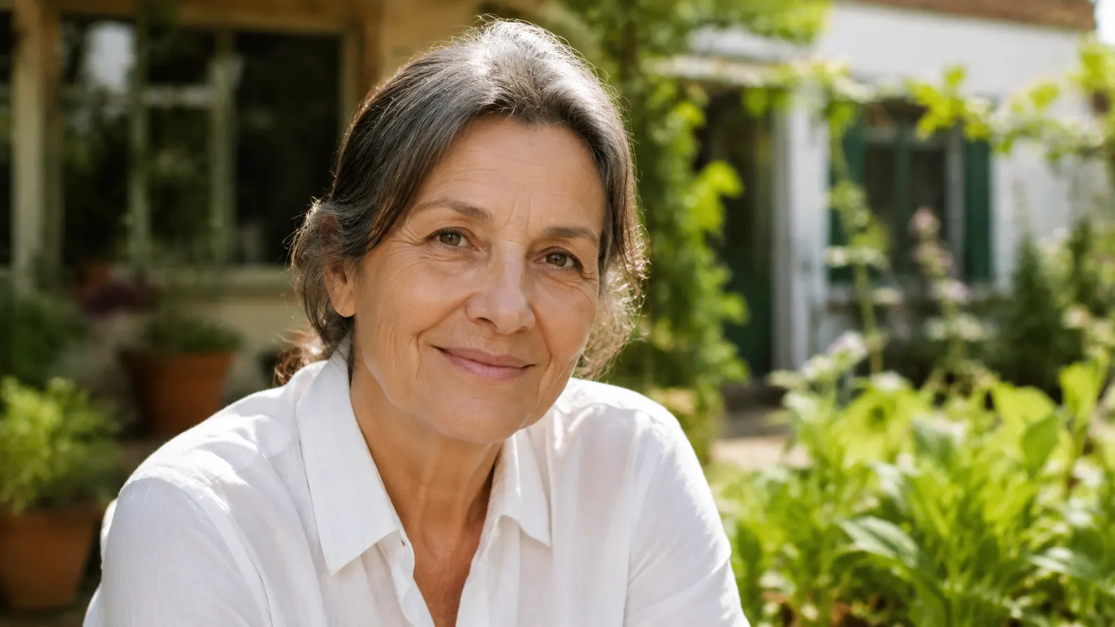 Close-up of a mature woman's cheek and jawline showing smooth, hydrated skin in natural light