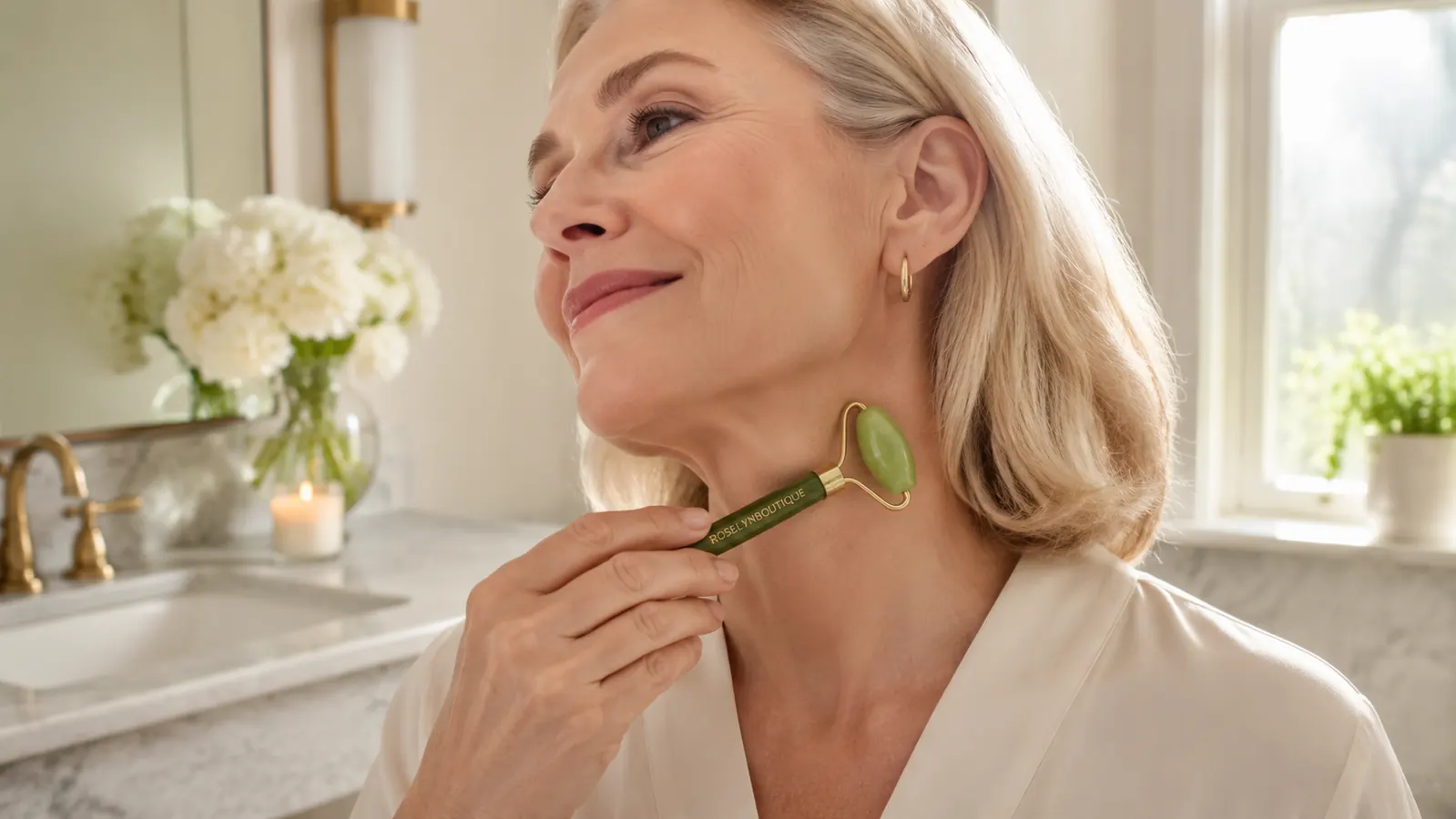Woman massaging her jawline with a jade gua sha tool in front of a bathroom mirror