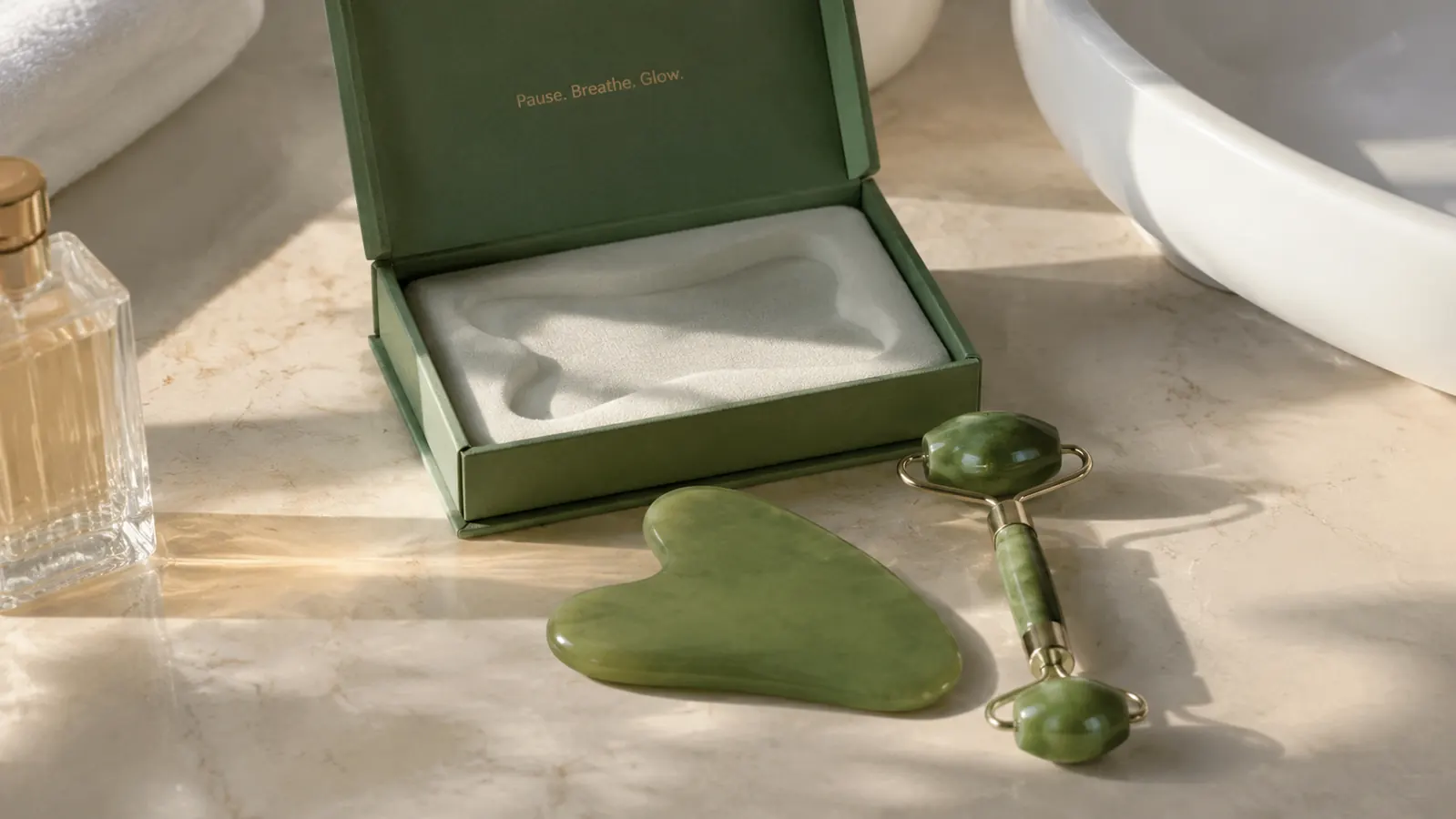 ROSELYNBOUTIQUE gua sha tool and jade roller packaged in a small gift box on a bathroom vanity surface