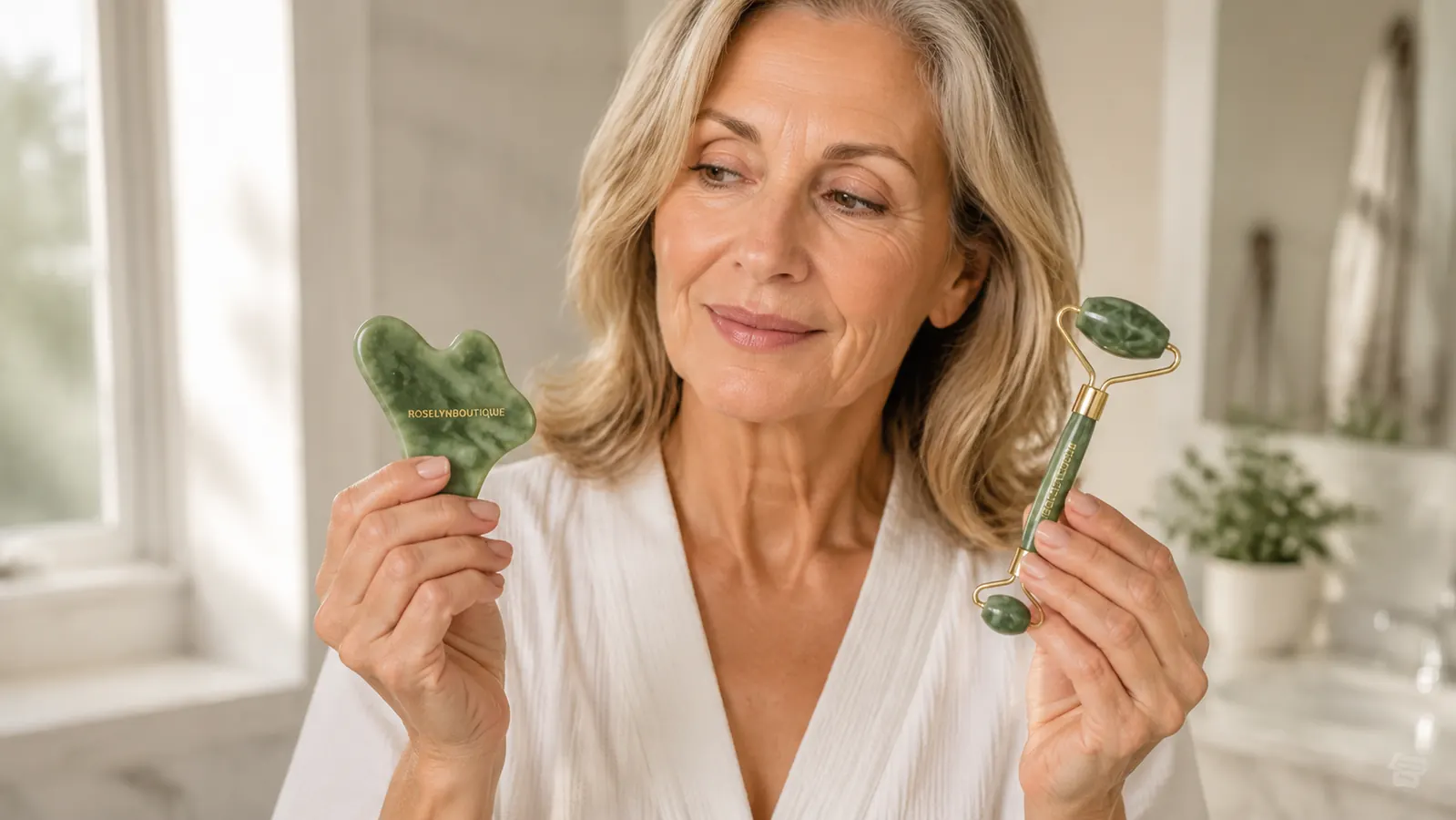 Woman in her 50s holding a green gua sha stone against her cheekbone, demonstrating an upward stroke