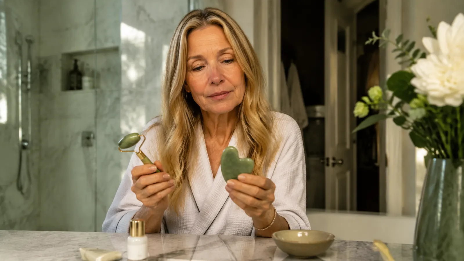ROSELYNBOUTIQUE gua sha and jade roller set laid in an open gift box on a dressing table