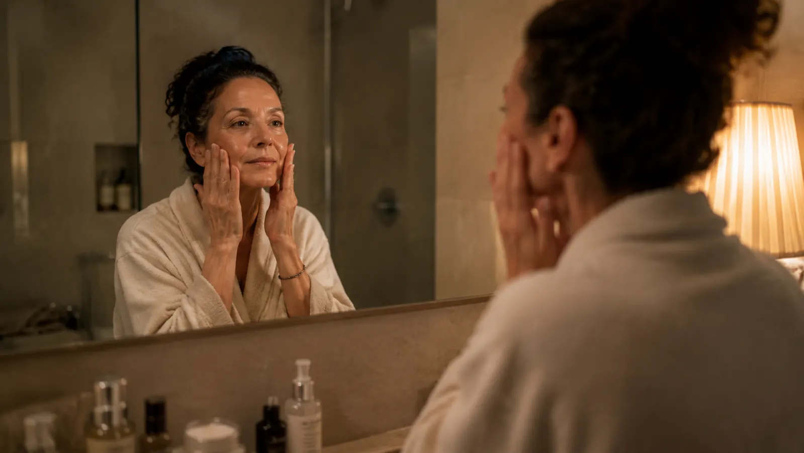 Woman applying moisturizer over retinol serum at a bathroom mirror, nighttime routine, warm lamp light