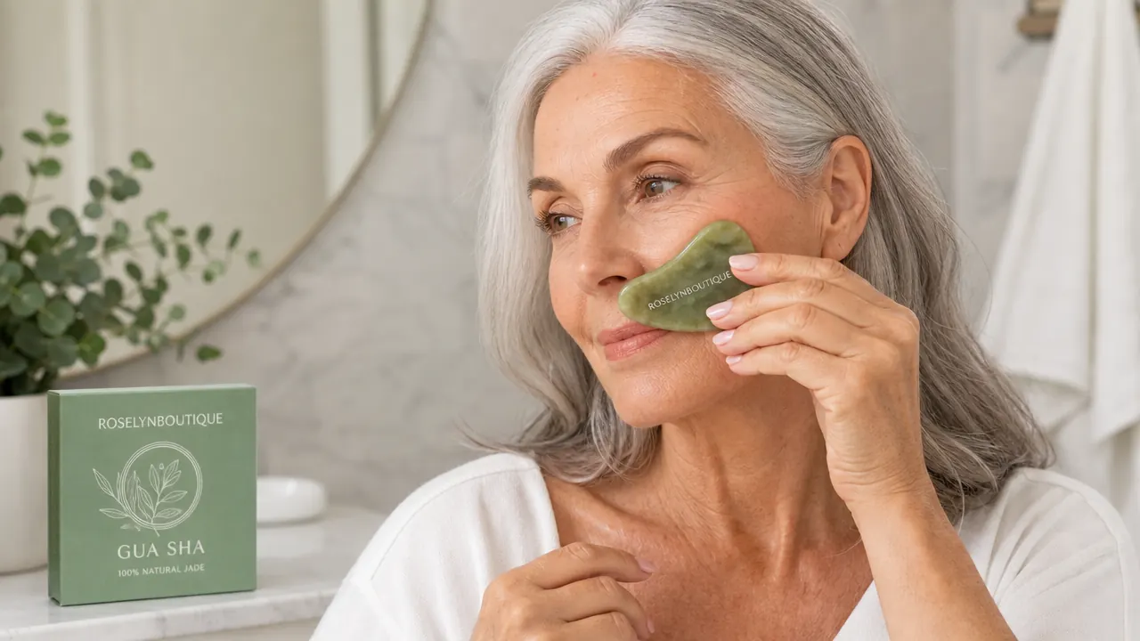 Close-up of a hand holding a green jade gua sha tool flat against a woman's cheekbone, ready to stroke upward