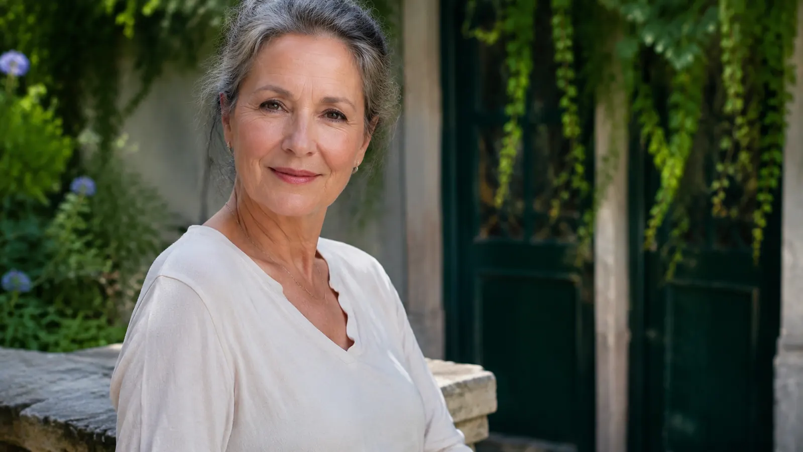 Woman outdoors in morning sunlight, smiling, wearing minimal makeup over sunscreen with no white cast visible