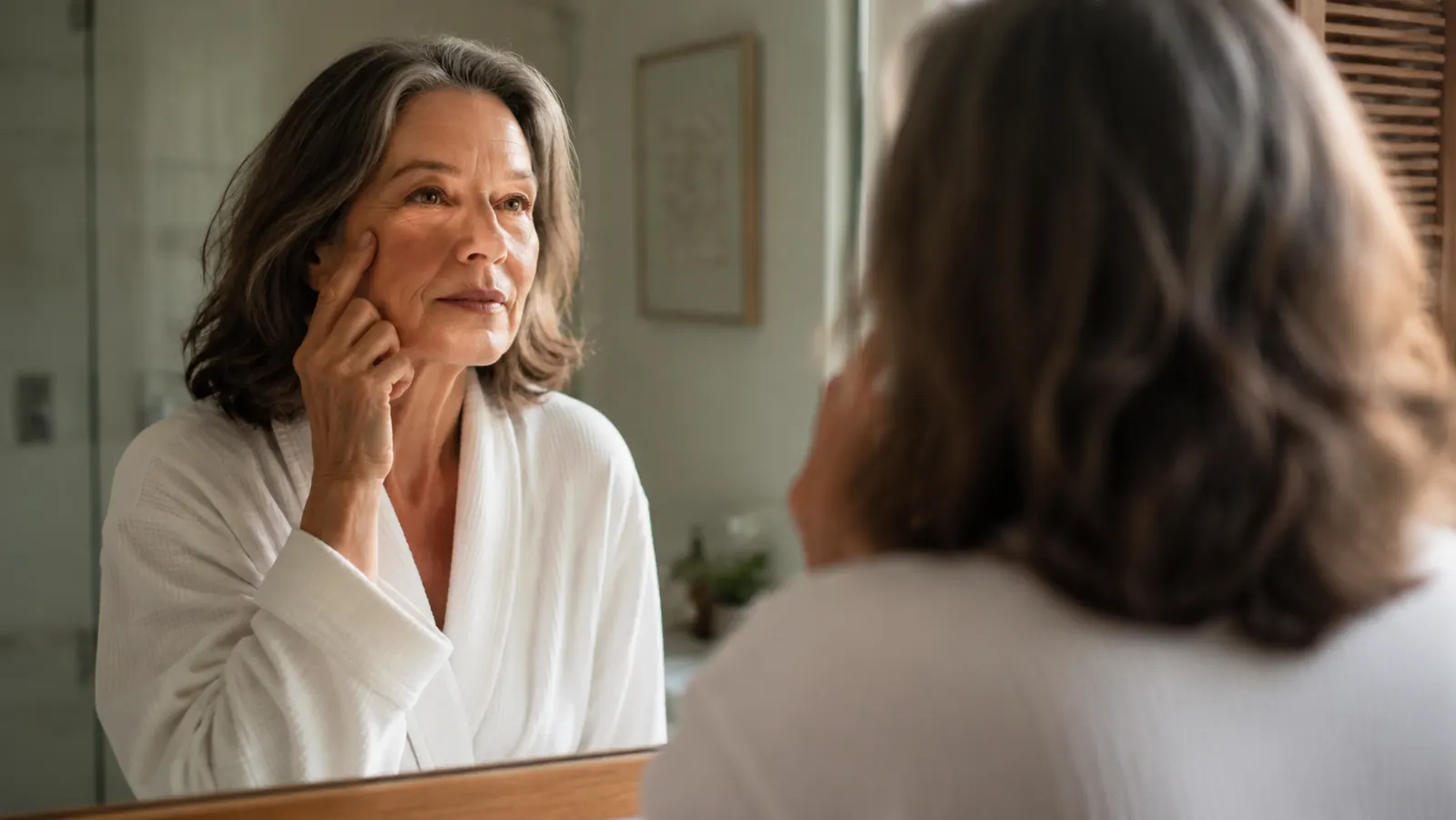 Older woman in a robe at a bathroom mirror touching her cheek and looking at her skin with an evaluating expression