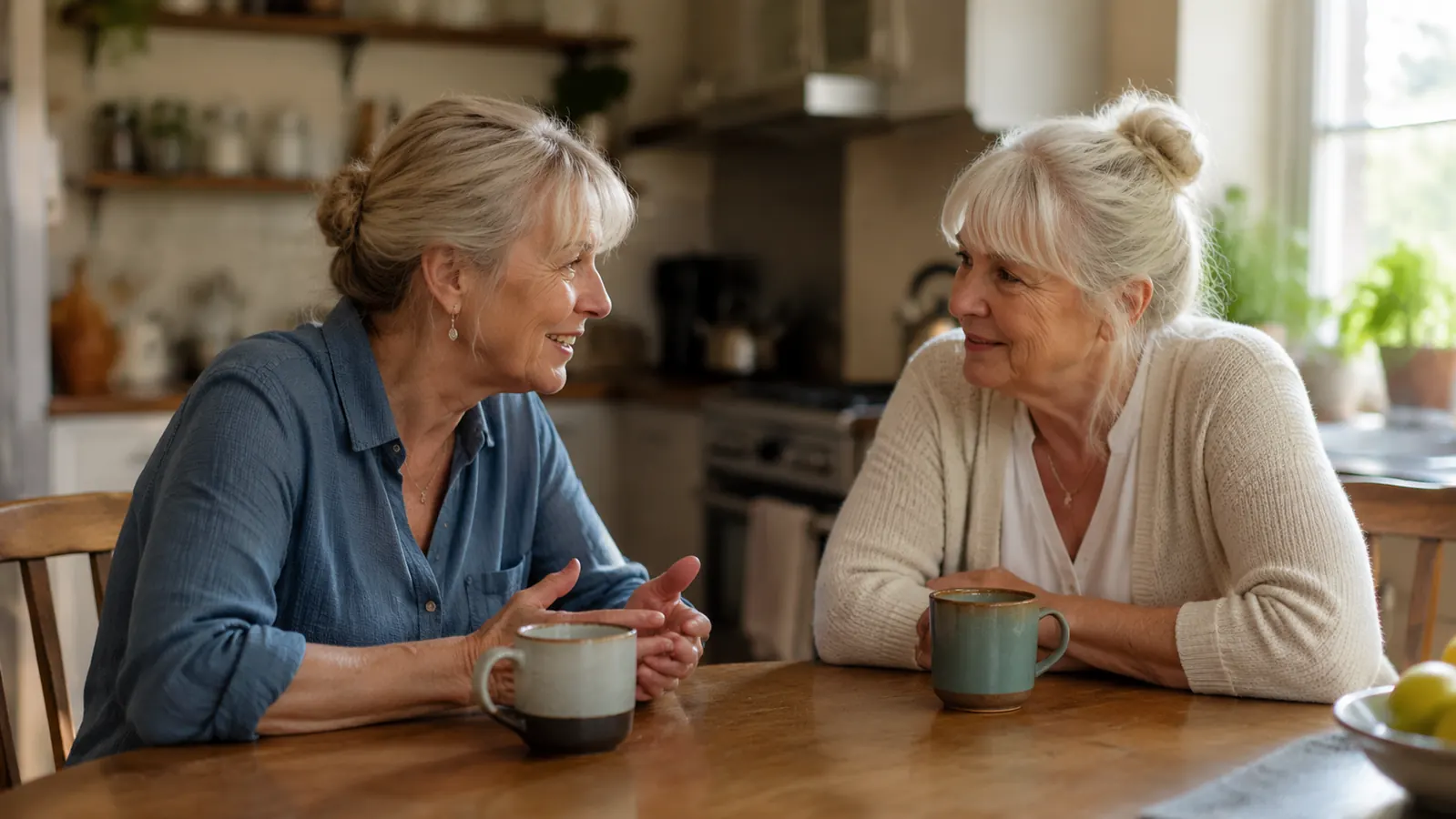 Two women seated at a kitchen table with coffee cups, one gesturing as if giving advice, relaxed conversation