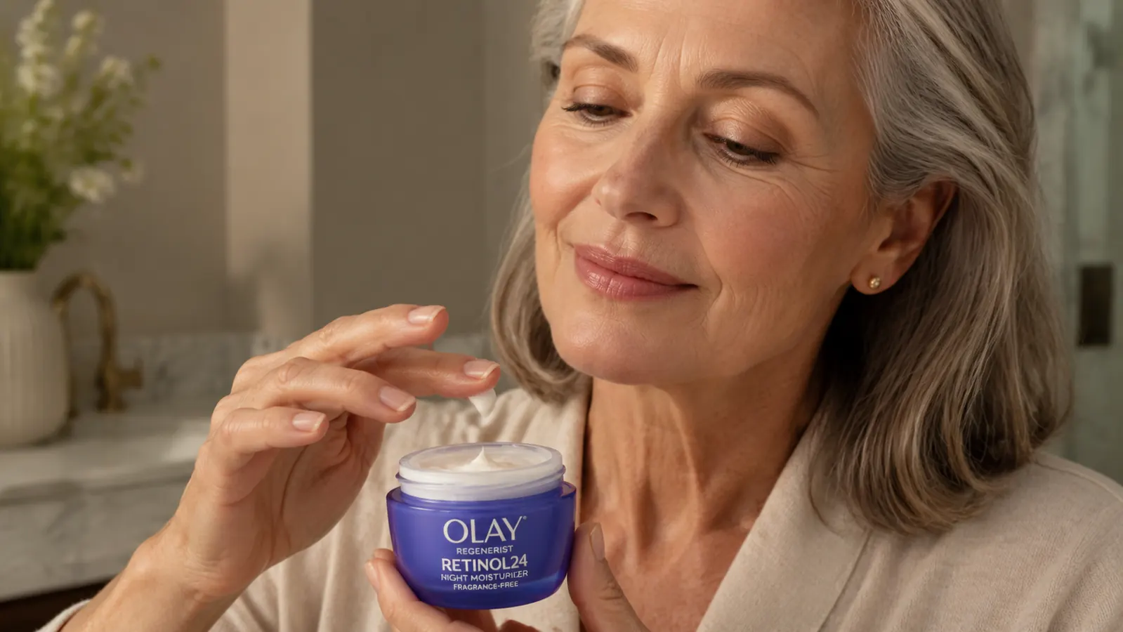 Hand scooping a small amount of Olay Retinol Night Cream from a blue jar with a fingertip