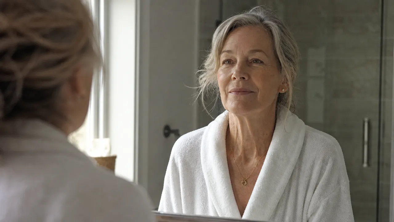 Woman smiling in morning light after a skincare routine, looking refreshed
