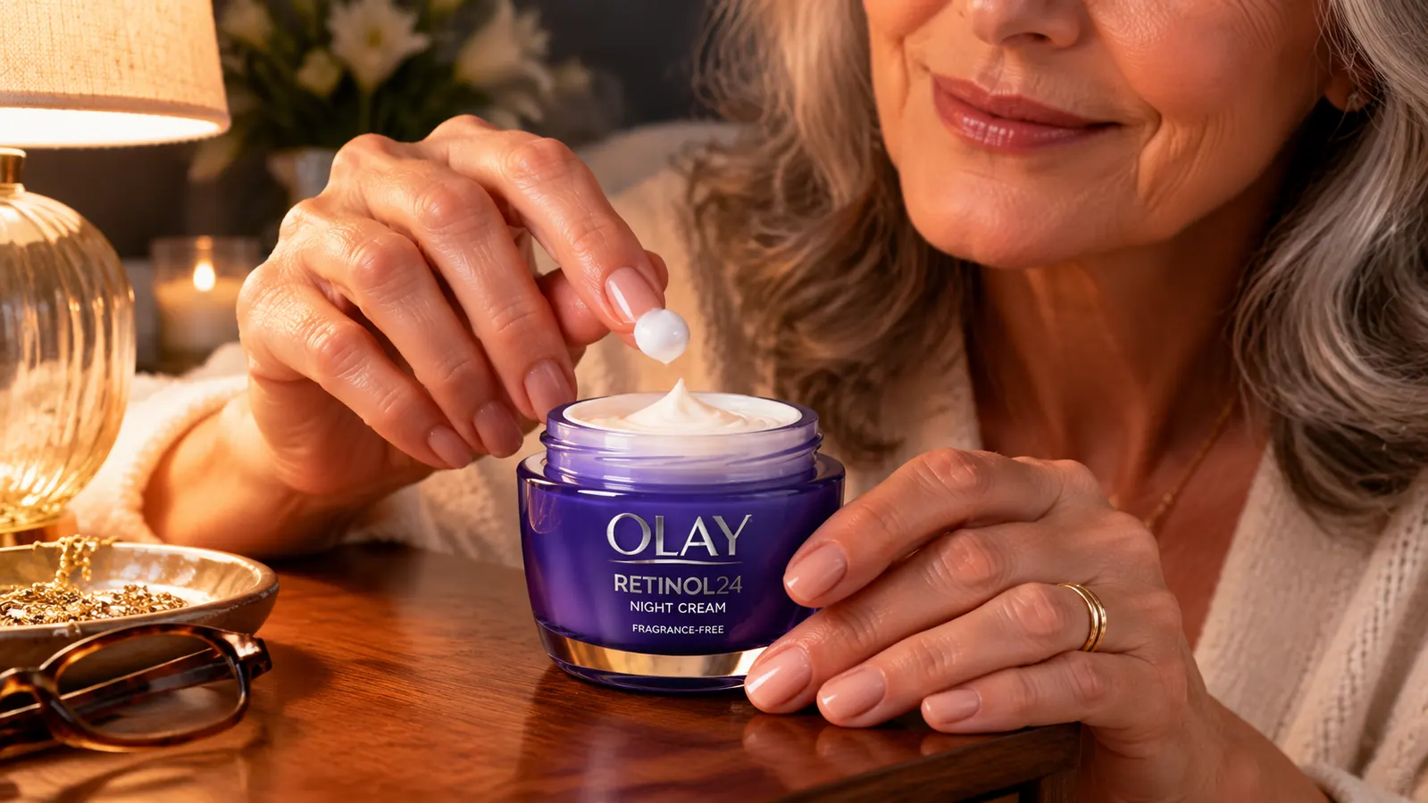 Close-up of Olay Retinol Night Cream jar open on a nightstand with a small amount of cream on fingertip