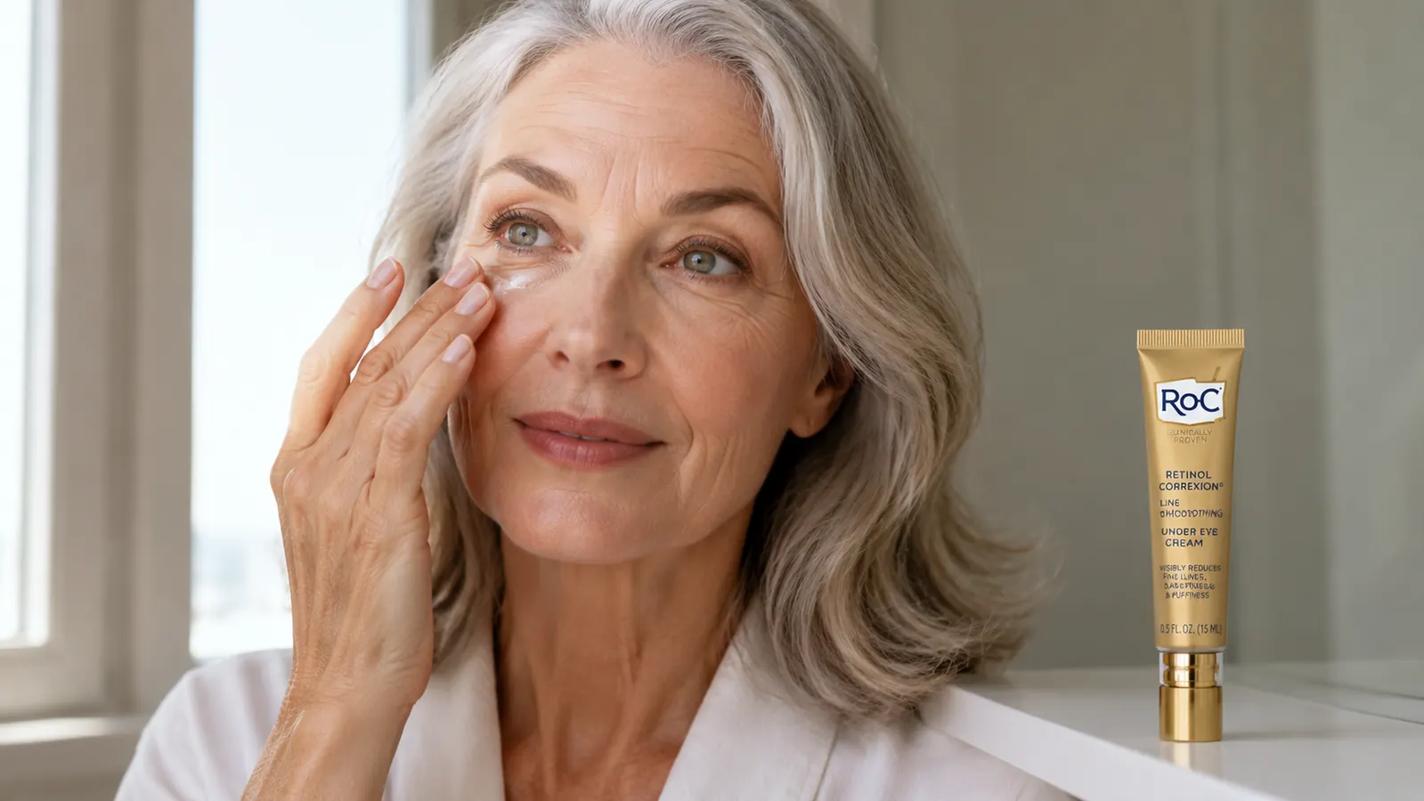 Small RoC Retinol Correxion Under Eye Cream tube resting on a white bathroom shelf beside a folded washcloth
