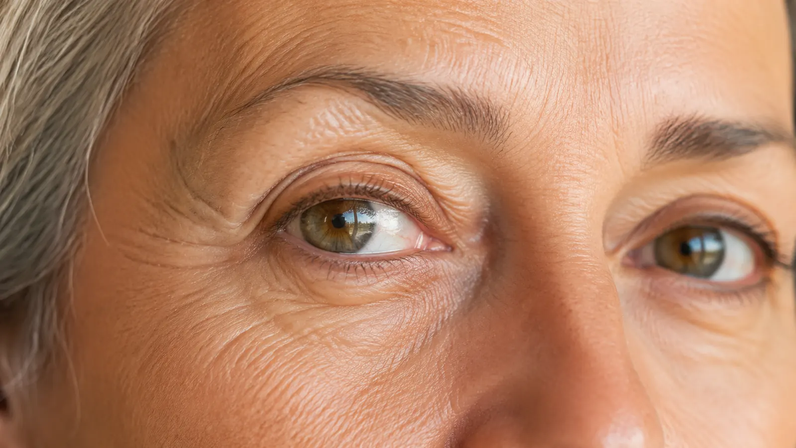 Close-up of mature woman's eye area showing visibly smoother skin and reduced dark circles after consistent skincare use