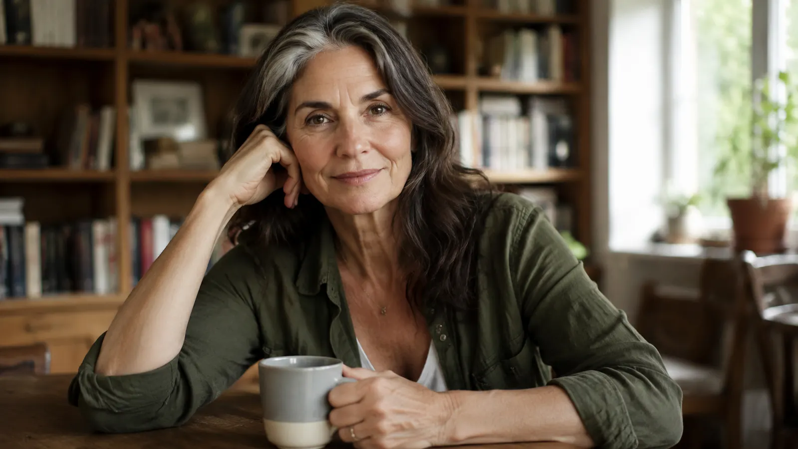 Woman with silver hair sitting at a kitchen table with a cup of tea, looking relaxed and naturally confident