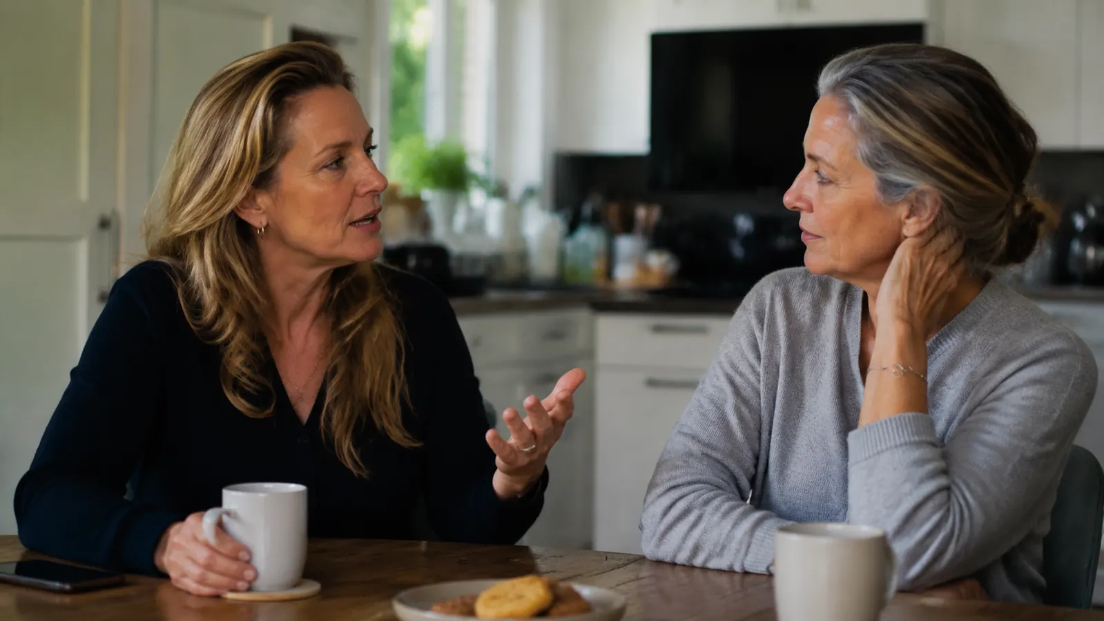 Two women in their fifties at a kitchen table with coffee cups, one leaning in to speak, candid and warm