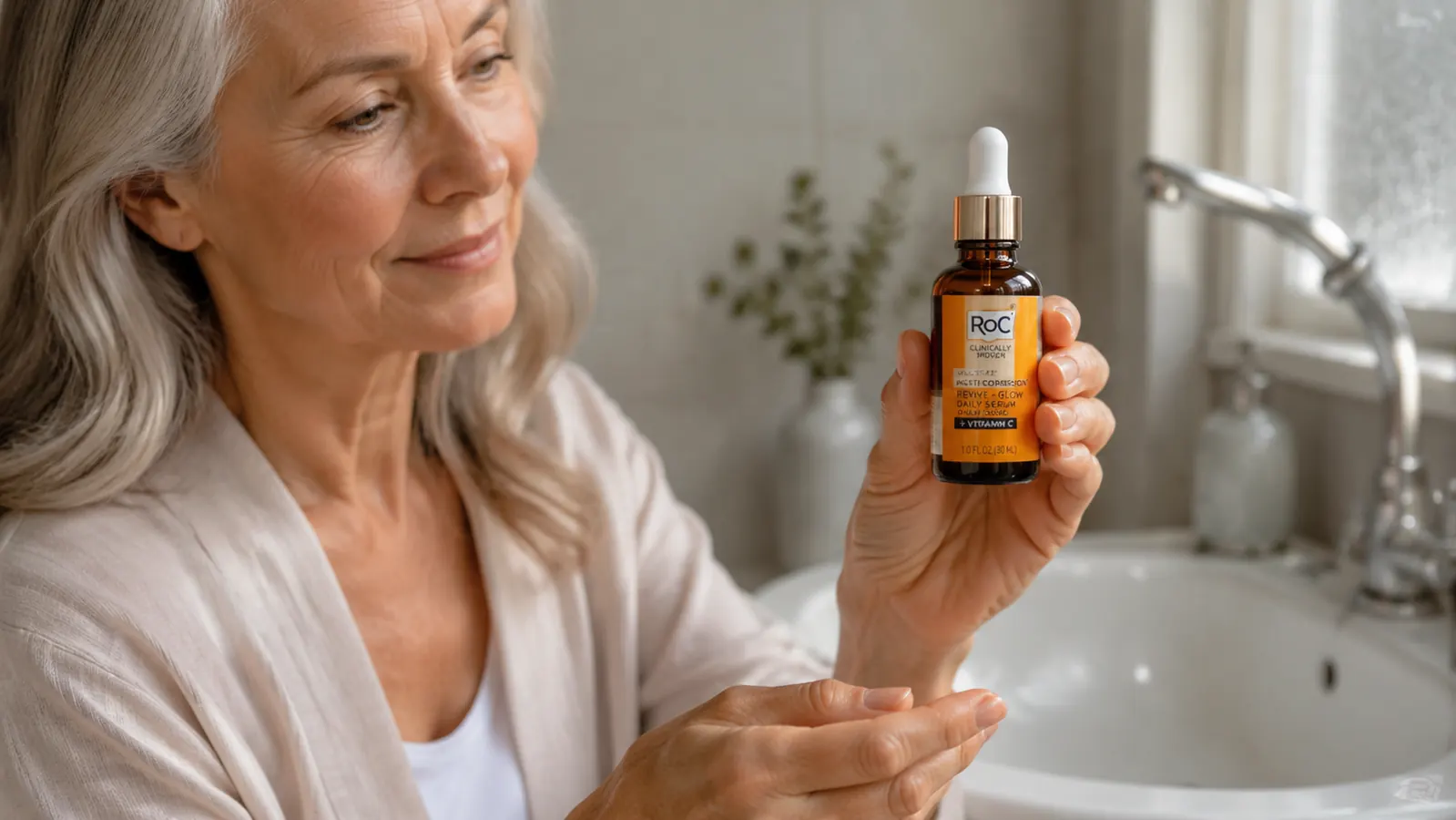 Hand holding a small amber RoC Retinol Correxion serum bottle over a bathroom sink with a white towel in the background