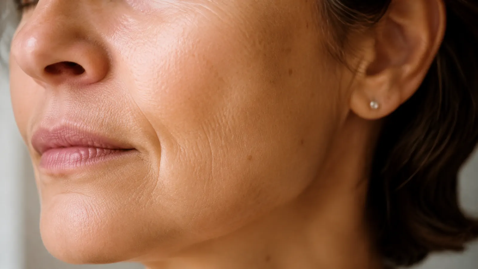 Close-up of a woman's cheek and jawline showing smooth, even-toned mature skin in natural daylight