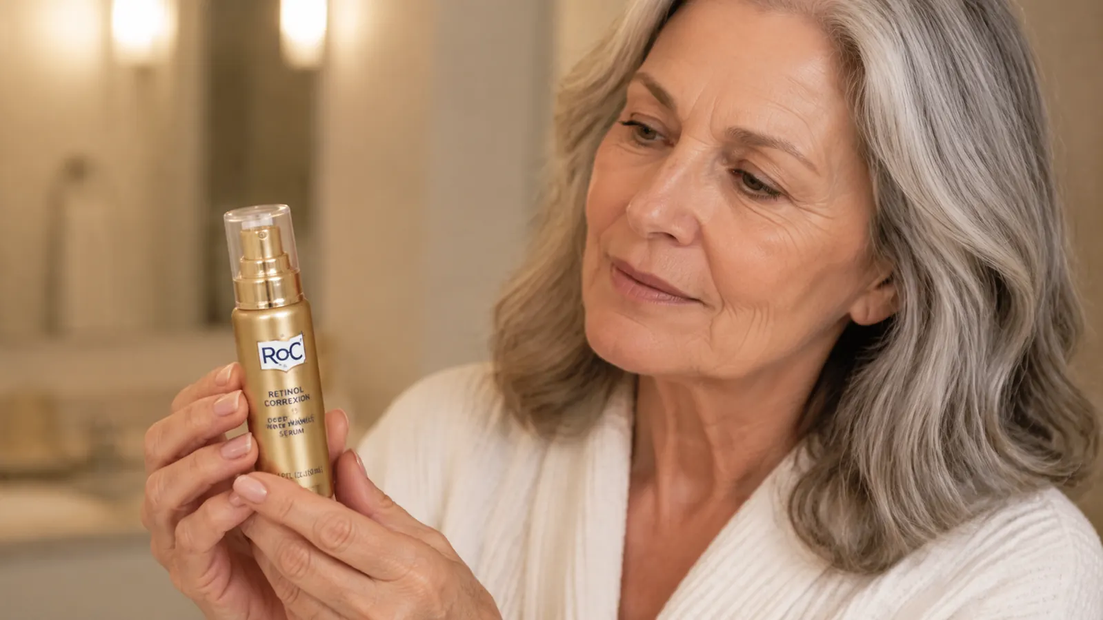 Close-up of the RoC Retinol Correxion Deep Wrinkle Serum bottle being held in a woman's hand near her face