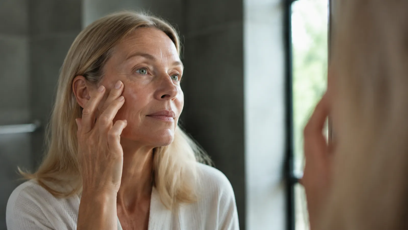 Woman in her 50s applying serum to her cheek at a bathroom vanity mirror in soft morning light